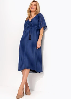 Quintess - Vestido Midi Listrado Azul em Voil com Amarração e Estilo Boho - QUINTESS