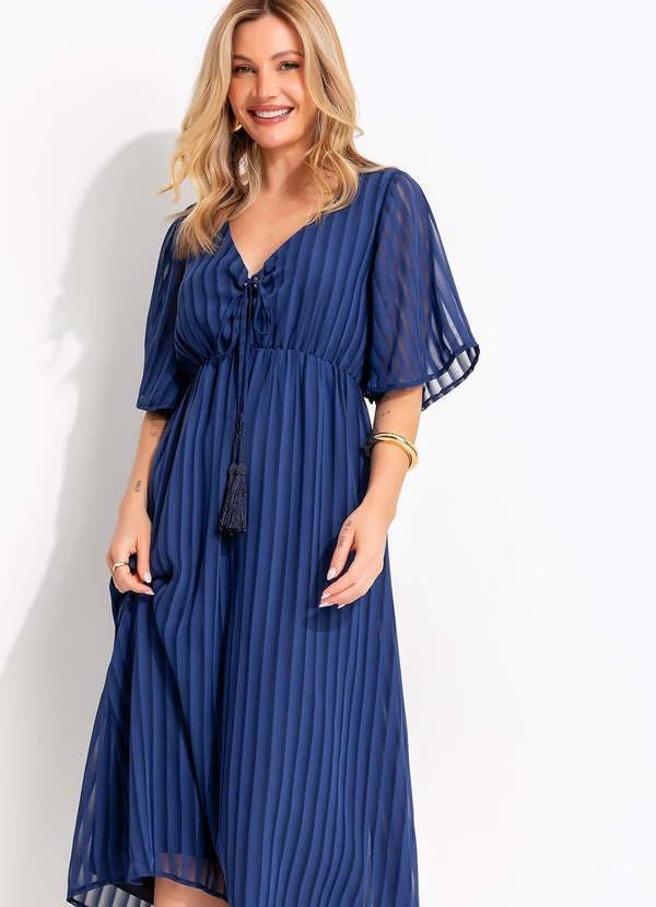 Quintess - Vestido Midi Listrado Azul em Voil com Amarração e Estilo Boho