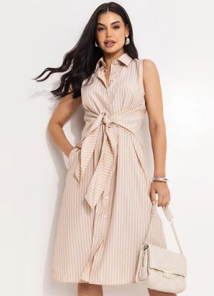 Quintess - Vestido Listrado Bege em Tecido Plano de Alfaiat - QUINTESS