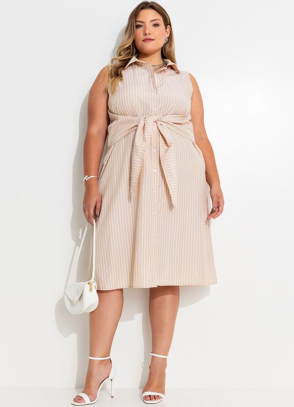 Quintess - Vestido Listrado Bege em Tecido Plano de Alfaiat 12