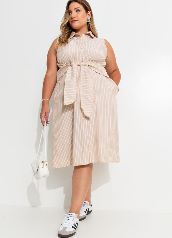 Quintess - Vestido Listrado Bege em Tecido Plano de Alfaiat 14