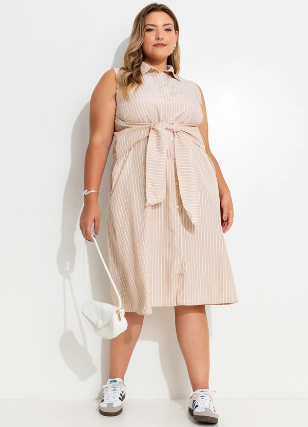 Quintess - Vestido Listrado Bege em Tecido Plano de Alfaiat 17