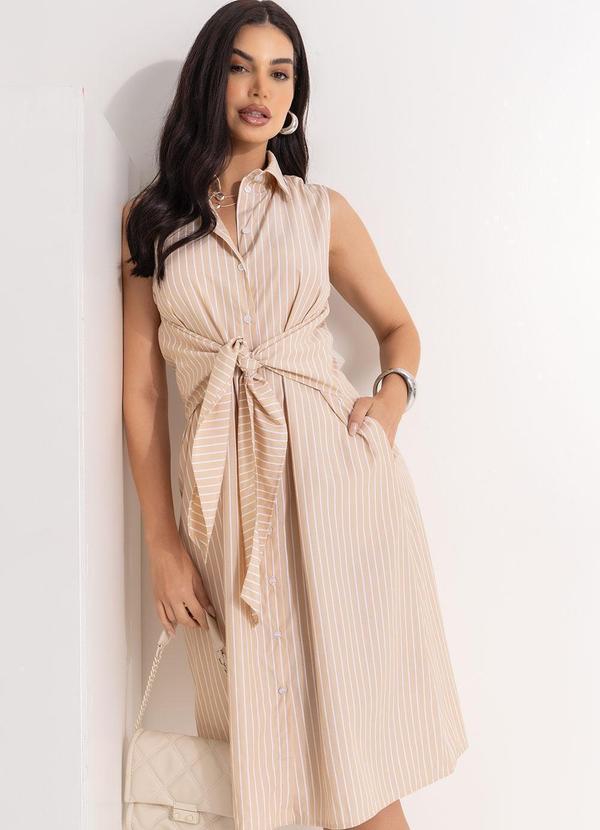 Quintess - Vestido Listrado Bege em Tecido Plano de Alfaiat 6