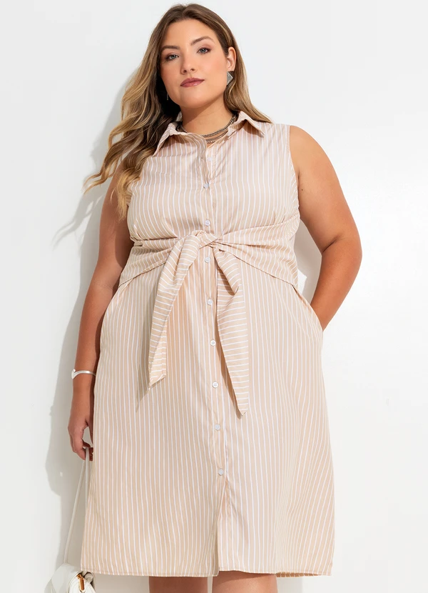 Quintess - Vestido Listrado Bege em Tecido Plano de Alfaiat 9
