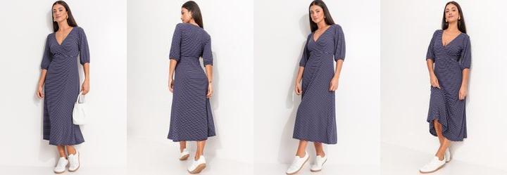 Vestido Listrado Marinho e Branco em Canelado