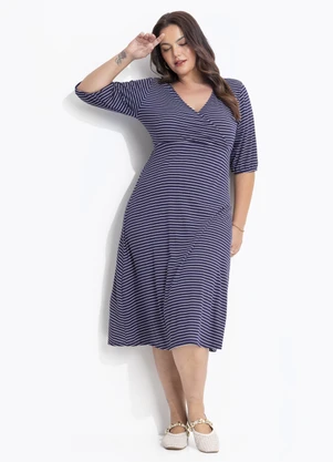 Quintess - Vestido Listrado Marinho e Branco em Canelado - QUINTESS