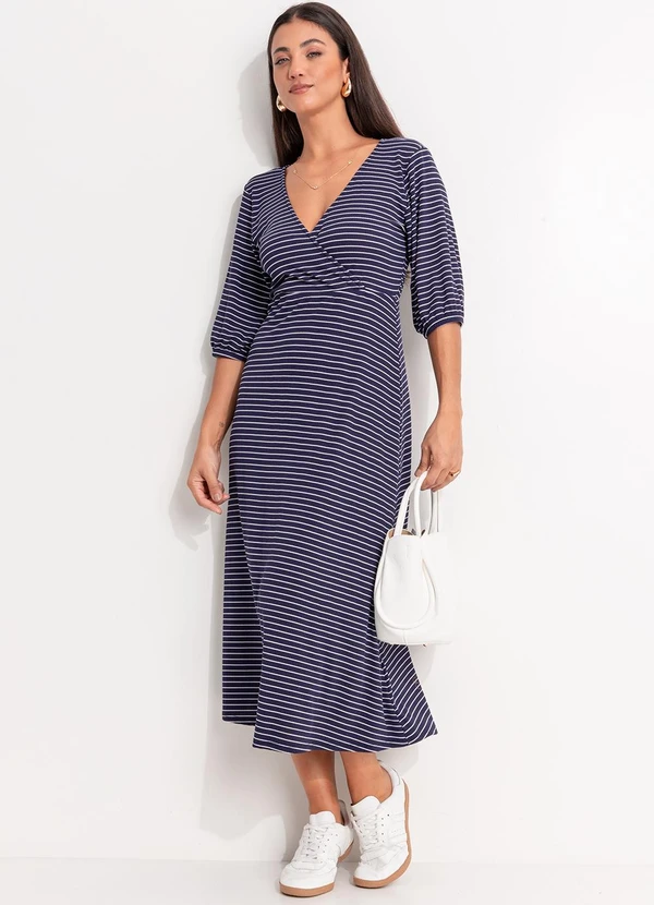 Quintess - Vestido Listrado Marinho e Branco em Canelado