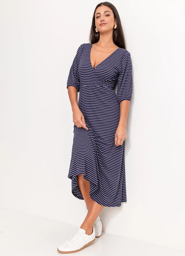 Quintess - Vestido Listrado Marinho e Branco em Canelado 5