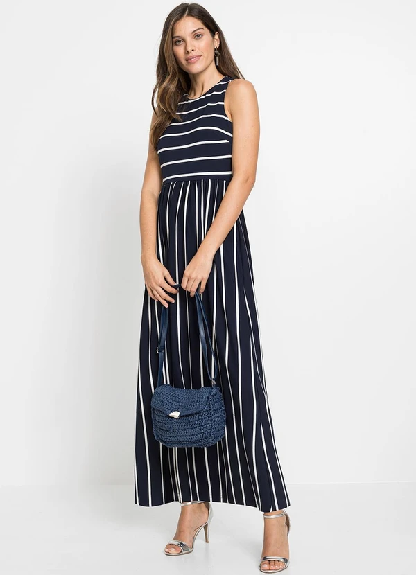 bonprix - Vestido Listrado Marinho em Poliflex