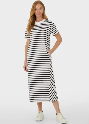 Malwee - Vestido Listrado Mídi Amplo Branco - MALWEE