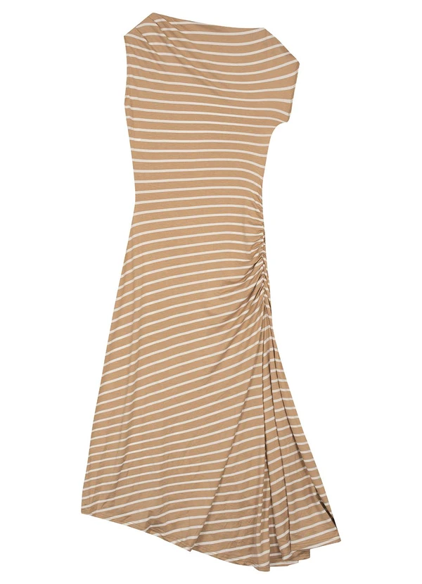 Malwee - Vestido Listrado Mídi Assimétrico Bege