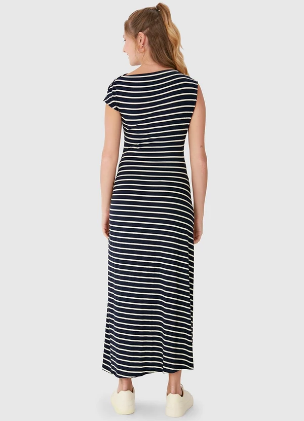 Malwee - Vestido Listrado Mídi Assimétrico Branco 2