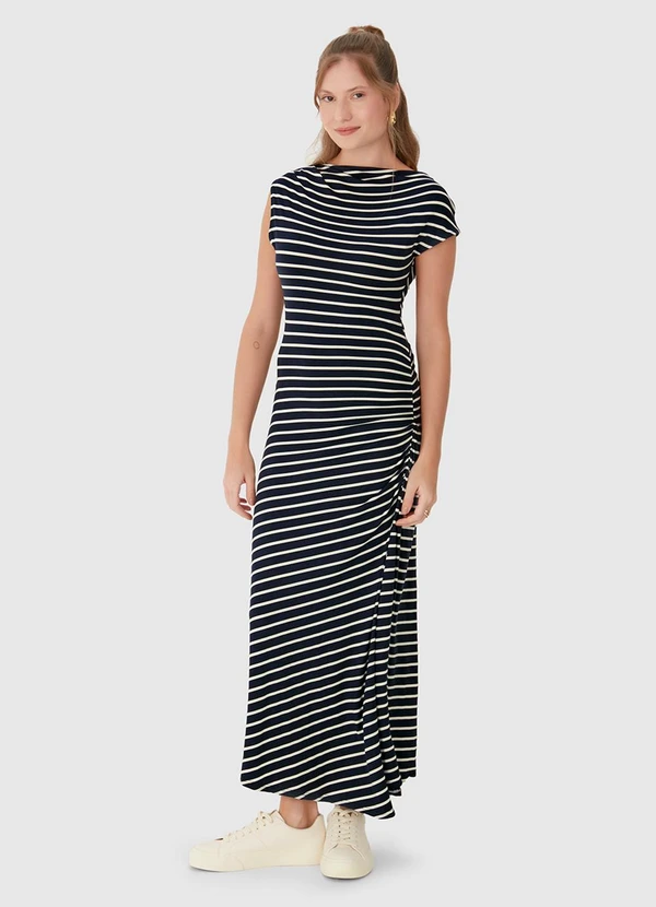 Malwee - Vestido Listrado Mídi Assimétrico Branco 3