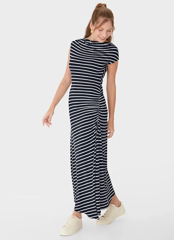 Malwee - Vestido Listrado Mídi Assimétrico Branco 5