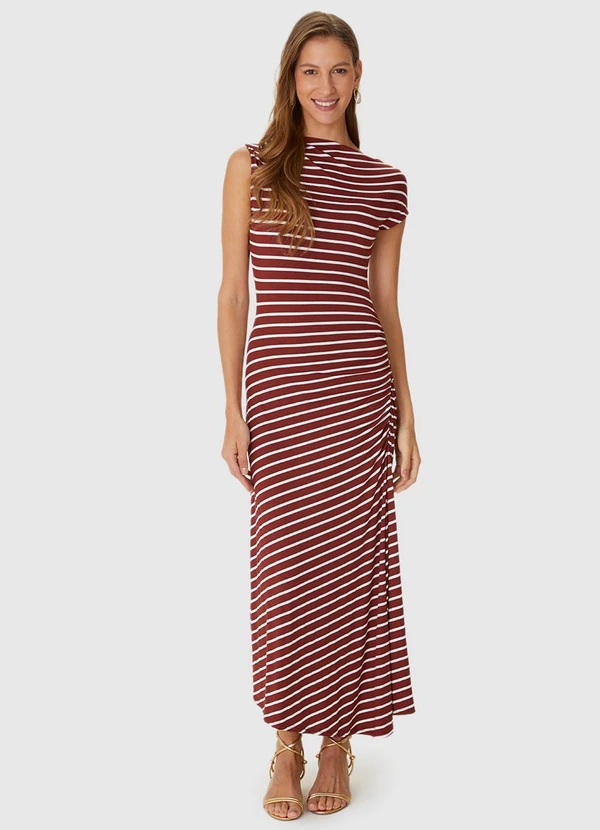 Malwee - Vestido Listrado Mídi Assimétrico Vinho
