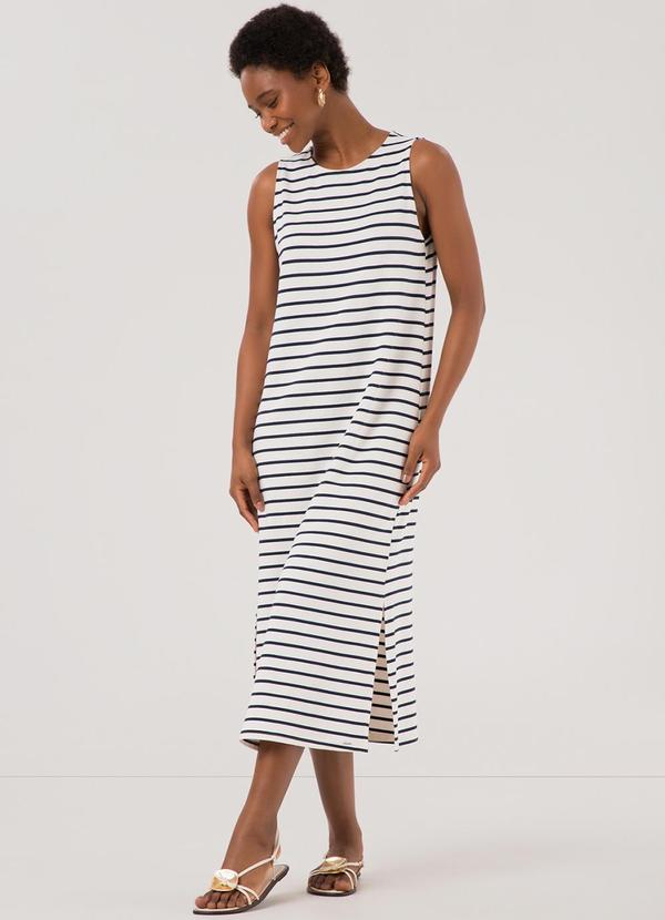 Lunender - Vestido Listrado Midi com Fendas Sarjada Azul