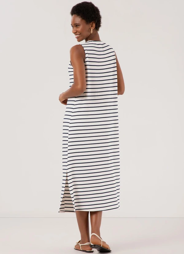 Lunender - Vestido Listrado Midi com Fendas Sarjada Azul 2