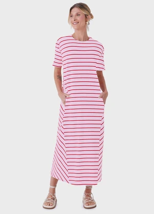 Malwee - Vestido Listrado Mídi Vermelho - MALWEE