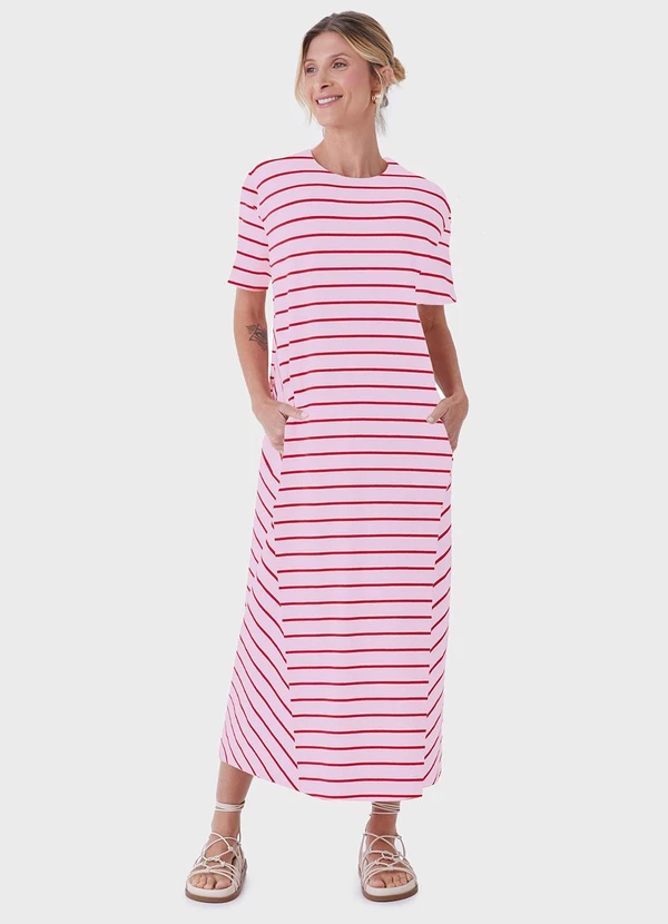 Malwee - Vestido Listrado Mídi Vermelho