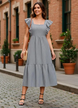 Quintess - Vestido Listrado P&B em Tecido Plano de Poliéste - QUINTESS