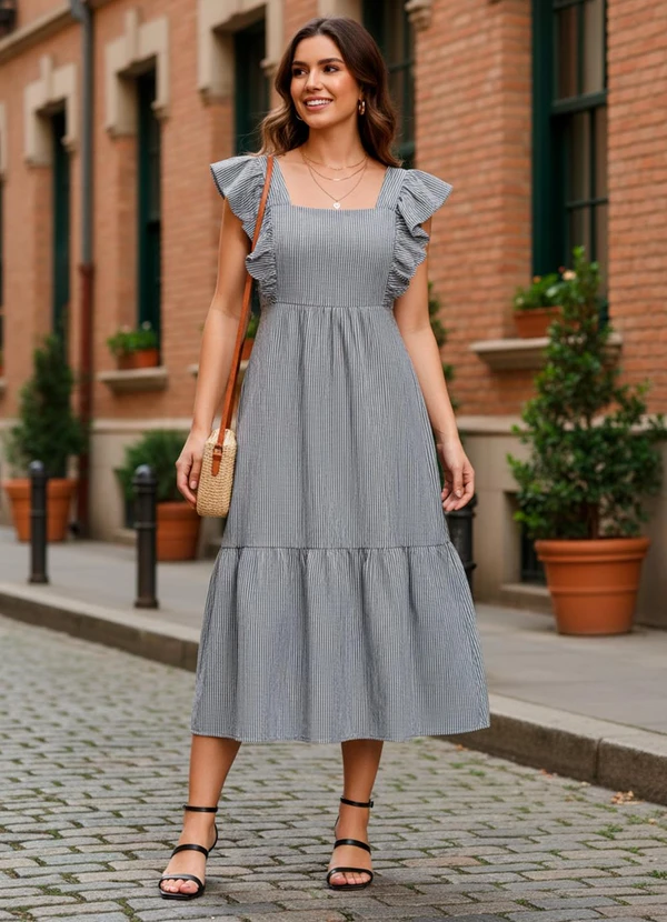 Quintess - Vestido Listrado P&B em Tecido Plano de Poliéste