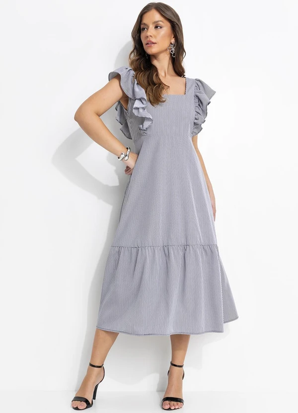 Quintess - Vestido Listrado P&B em Tecido Plano de Poliéste 2