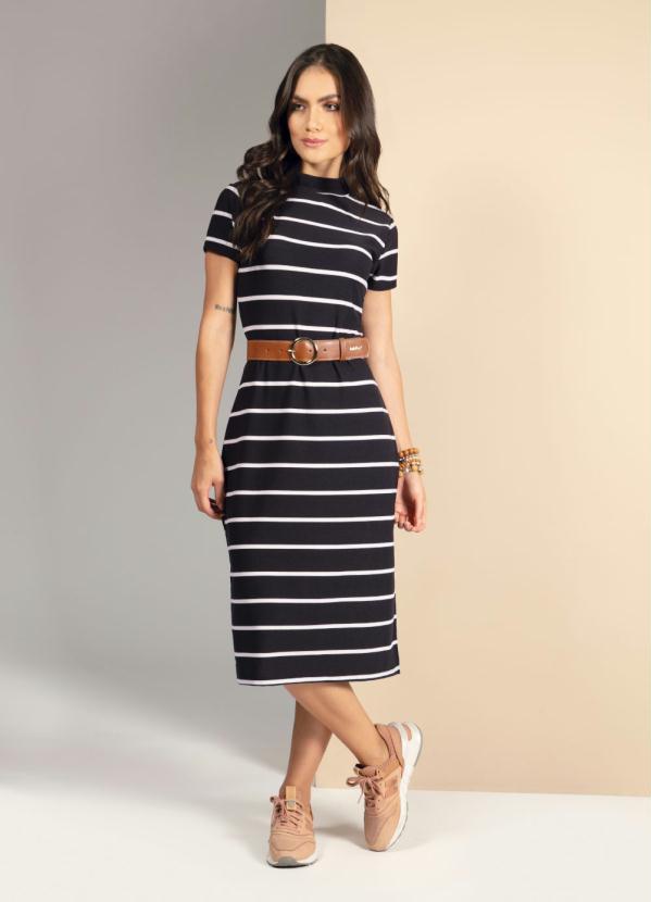 Quintess - Vestido Listrado Preto com Fendas