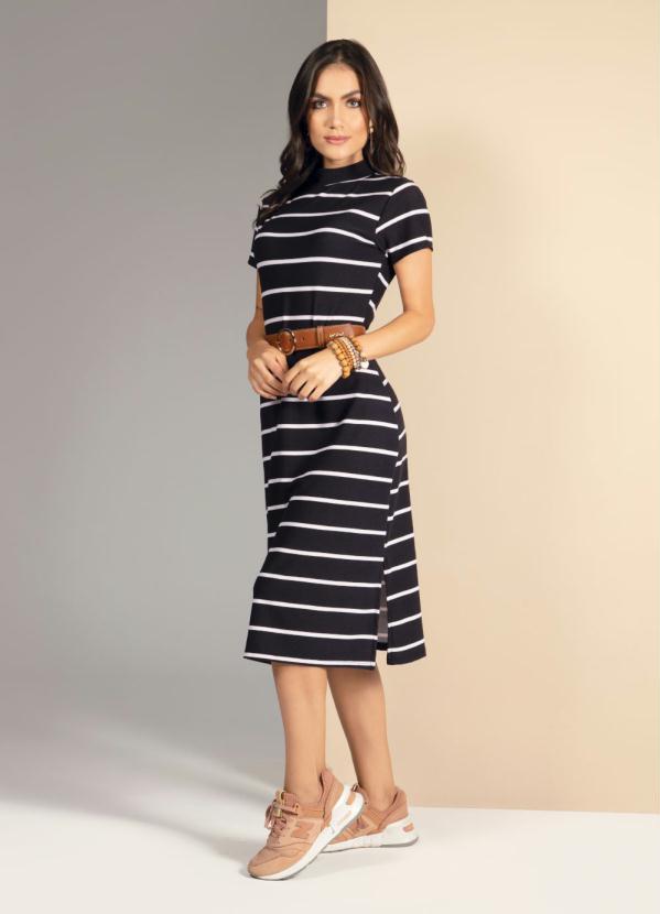 Quintess - Vestido Listrado Preto com Fendas 3