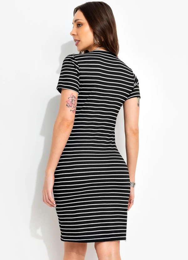 Vestido Tubinho Vestido Canelado Listrado Vestido Listrado Preto E