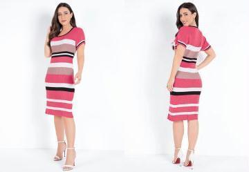 Vestido Listrado Rosa em Tric com Mangas