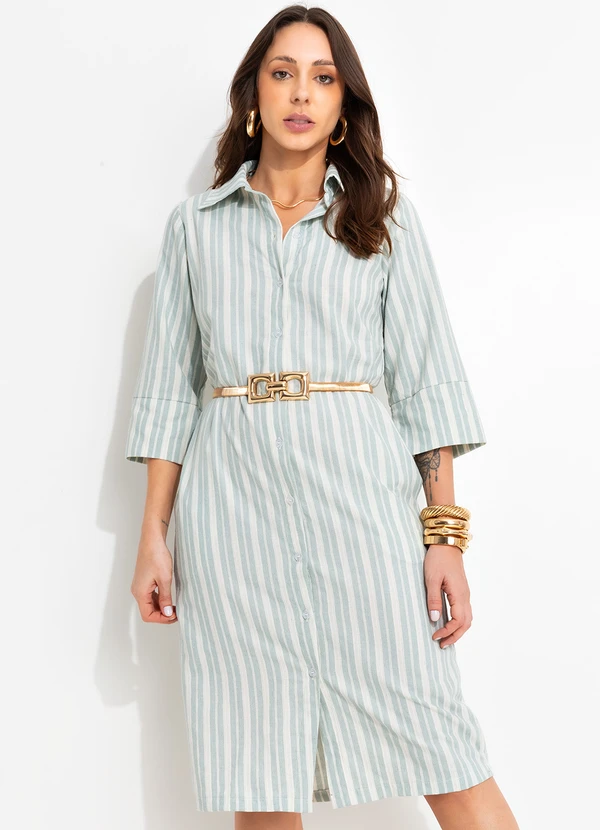 Bimini Vestido Listrado Verde e Branco em Tecido Plano