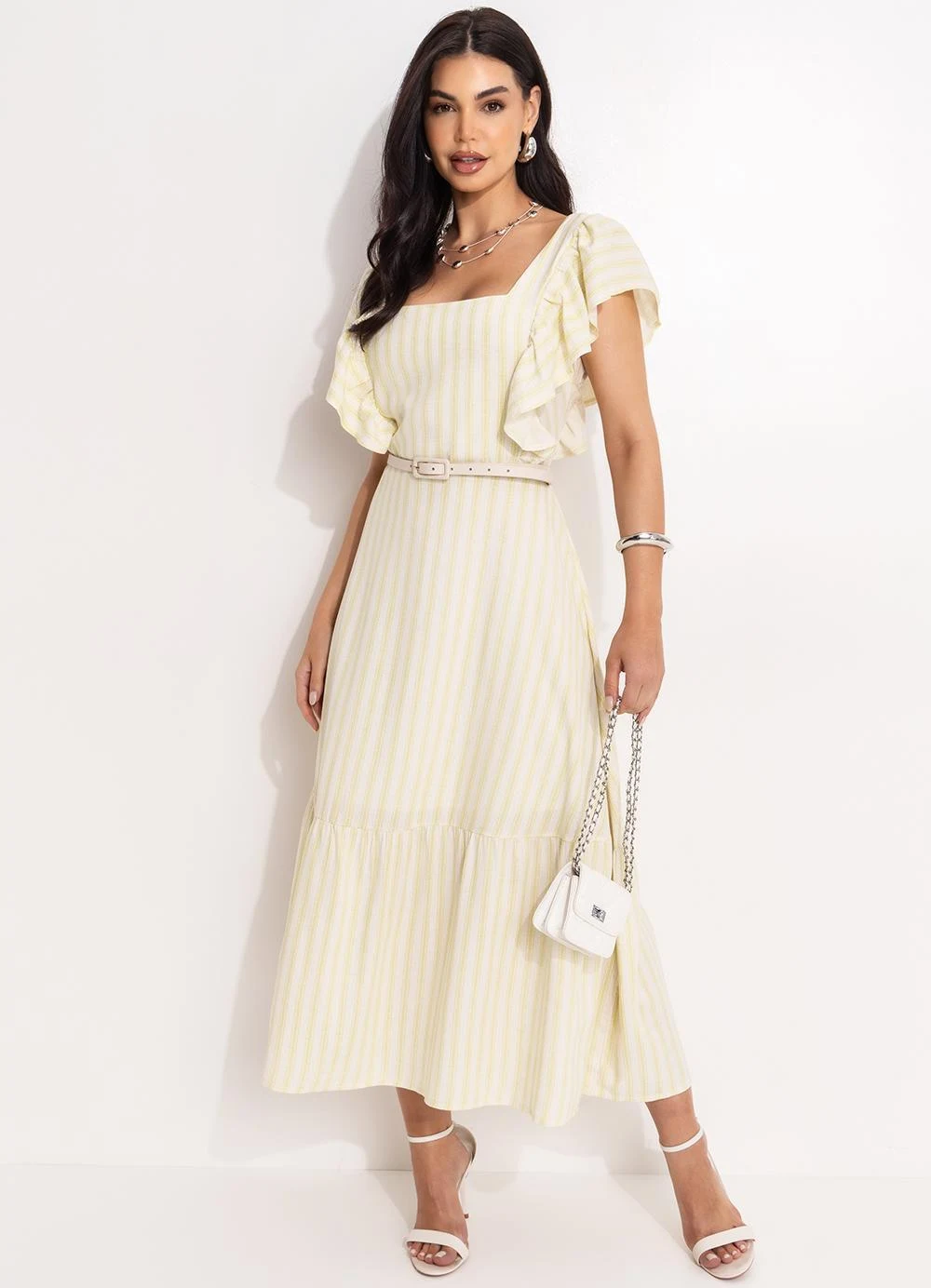  Vestido listrado verde em linho