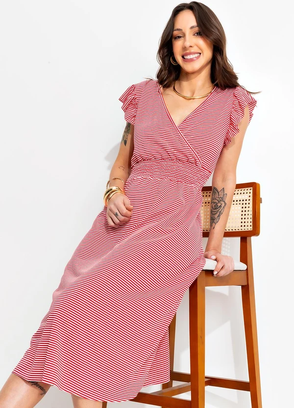 Bimini - Vestido Listrado Vermelho em Meia Malha Listrada 4