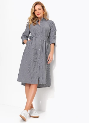 Quintess - Vestido Listras Cinza em Alfaiataria - QUINTESS