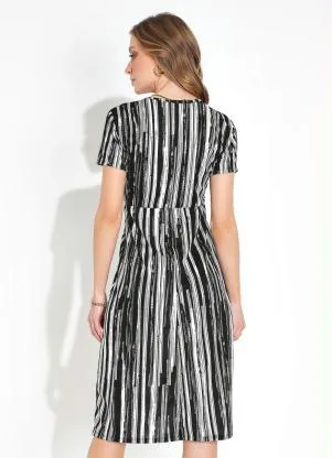 Moda Pop - Vestido Listras PretaDecote Transpassado e Fenda - MODA POP