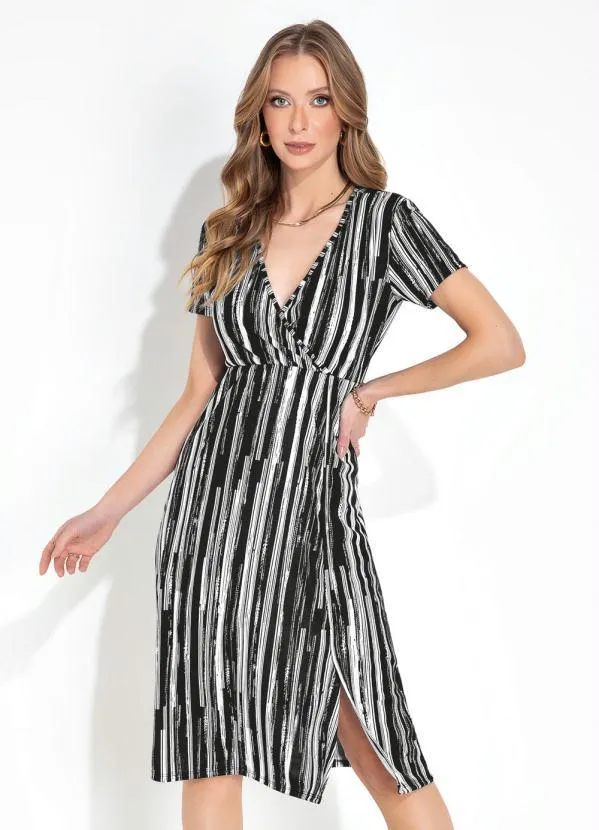 Moda Pop - Vestido Listras PretaDecote Transpassado e Fenda