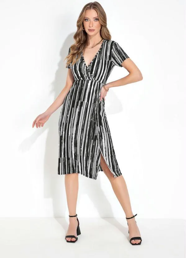 Moda Pop - Vestido Listras PretaDecote Transpassado e Fenda 4