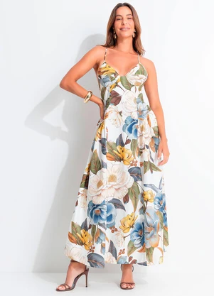 Farm - Vestido Longo Alça Jardim Guabara Off White - FARM