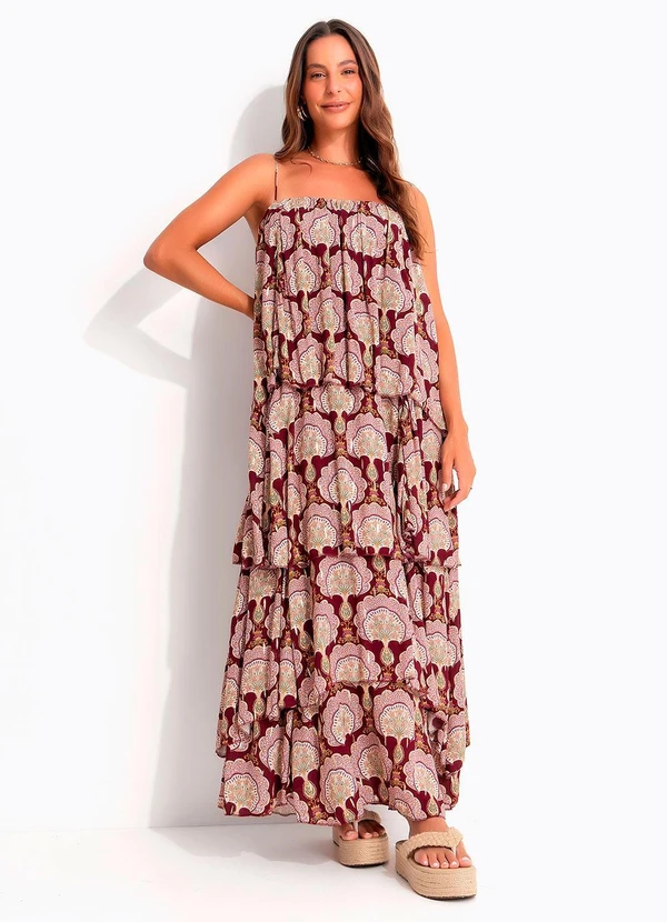 Farm - Vestido Longo Babados Leque de Pavão Vermelho