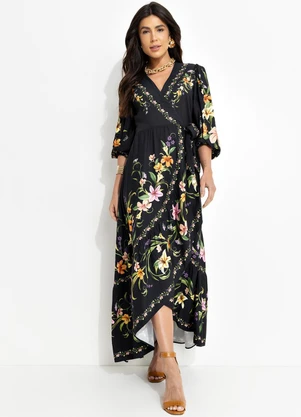 Farm - Vestido Longo com Manga Vestida de Flor Preto - FARM
