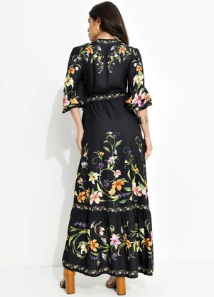 Farm - Vestido Longo com Manga Vestida de Flor Preto - FARM