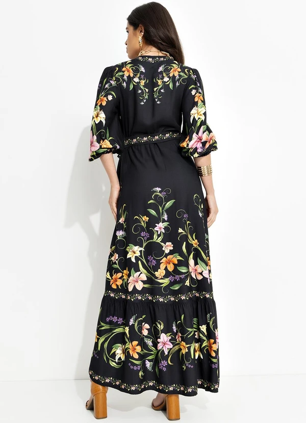 Farm - Vestido Longo com Manga Vestida de Flor Preto 2