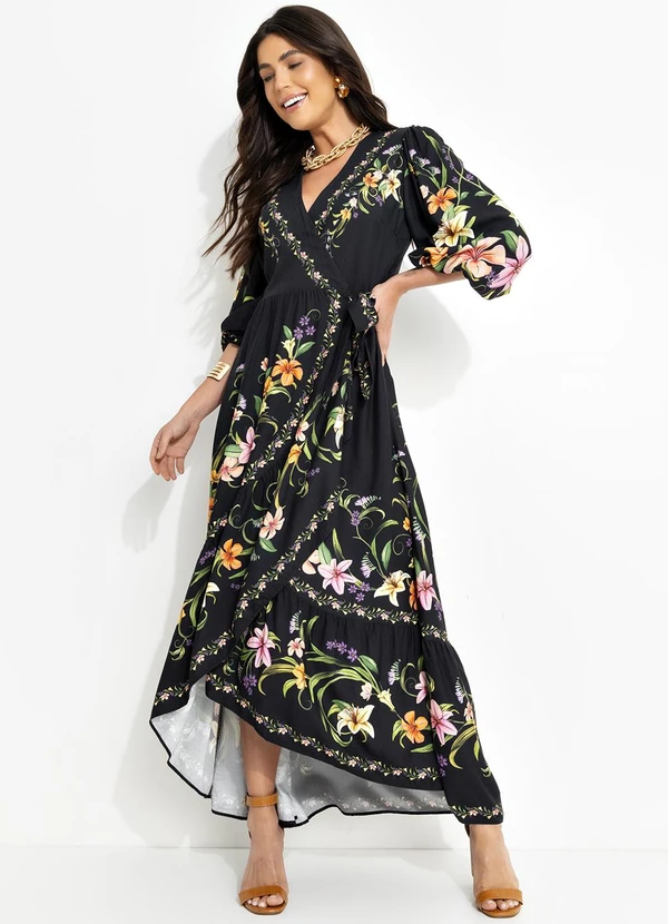Farm - Vestido Longo com Manga Vestida de Flor Preto 3