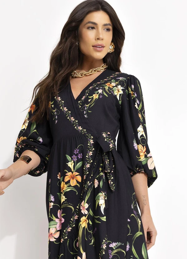 Farm - Vestido Longo com Manga Vestida de Flor Preto 7