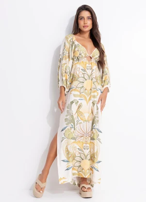 Farm - Vestido Longo Cropped Jardim de Mar Bege - FARM