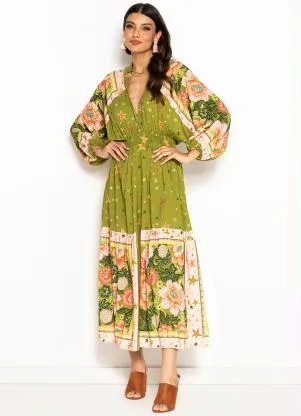 Farm - Vestido Longo de Viscose Lenço Estrela Verde - FARM