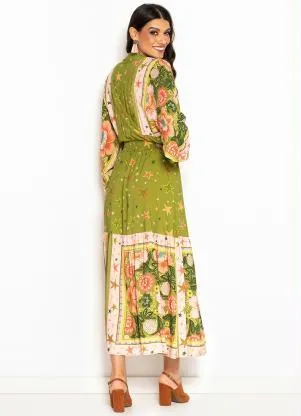 Farm - Vestido Longo de Viscose Lenço Estrela Verde - FARM