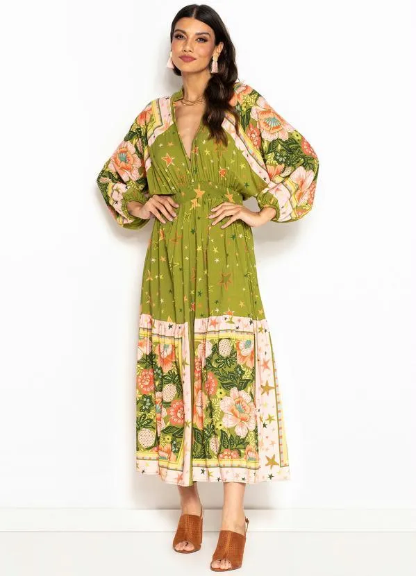 Farm - Vestido Longo de Viscose Lenço Estrela Verde