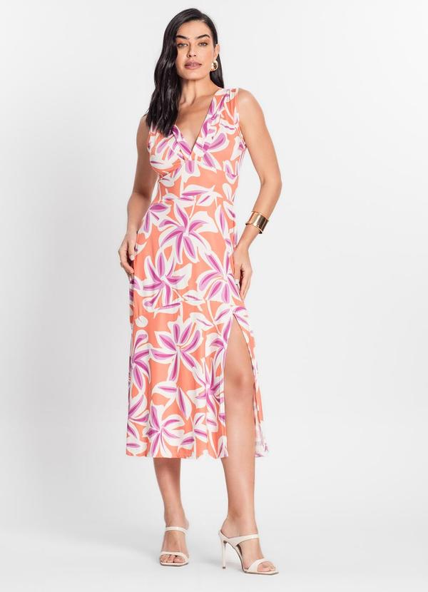 Rovitex - Vestido Longo Estampado sem Manga Donna Laranja