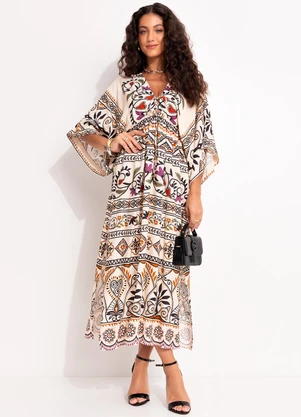 Farm - Vestido Longo Manga Adriele Bege - FARM